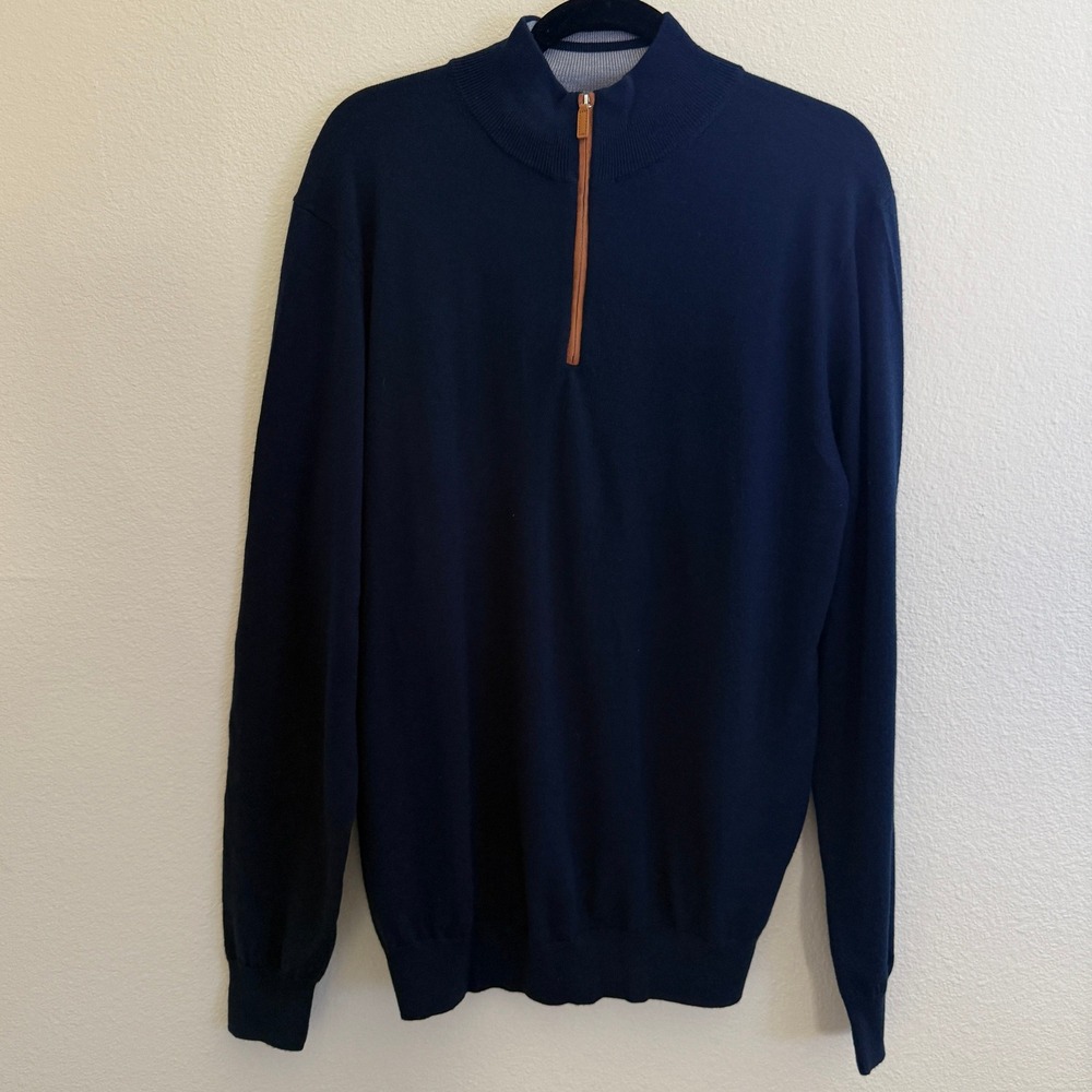 Collars & Co Men L Navy Blue Australian 100% Merino Wool Quarter Zip Sweater NEW